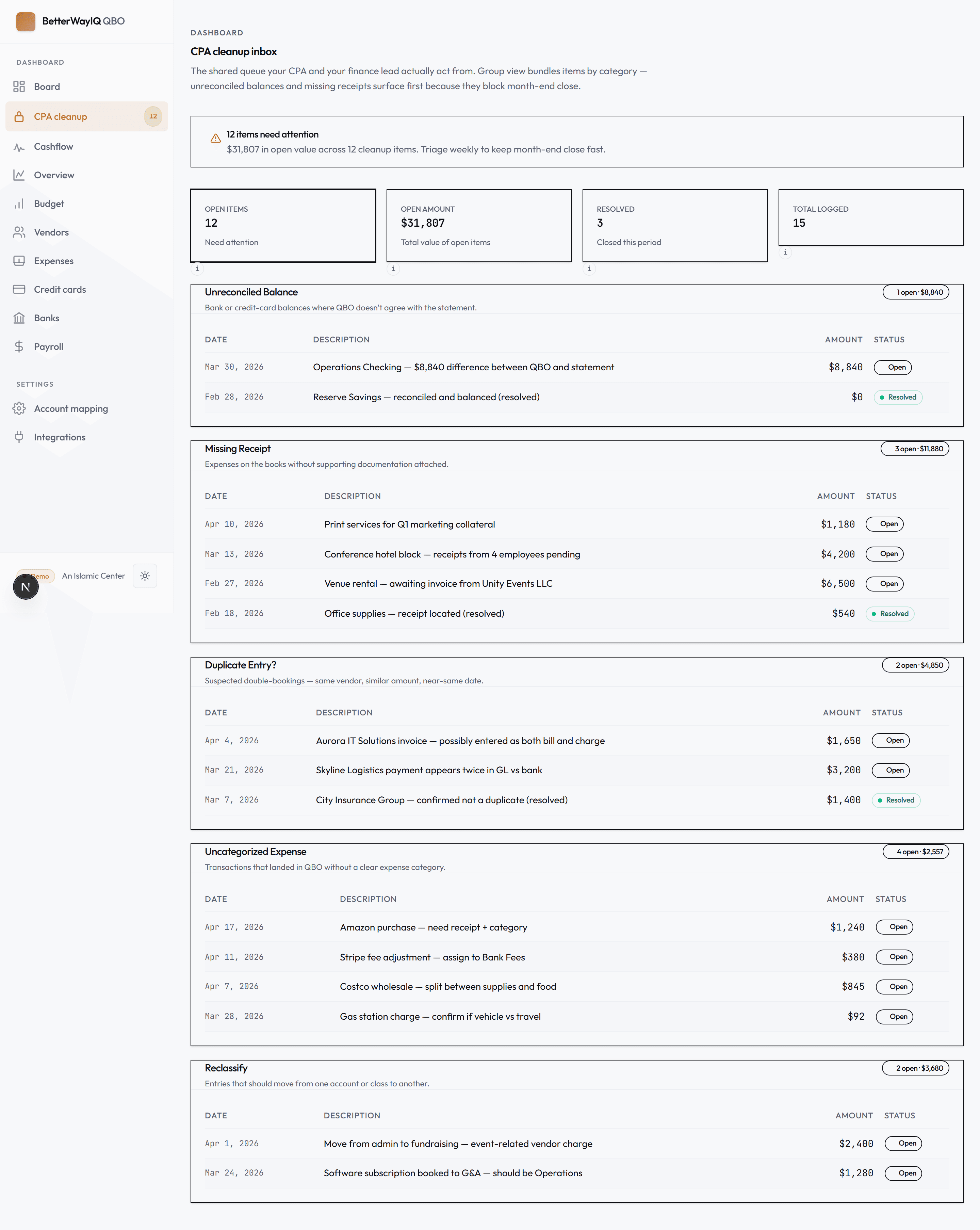 BetterWayIQ QBO CPA cleanup inbox showing 12 open items grouped by 5 categories